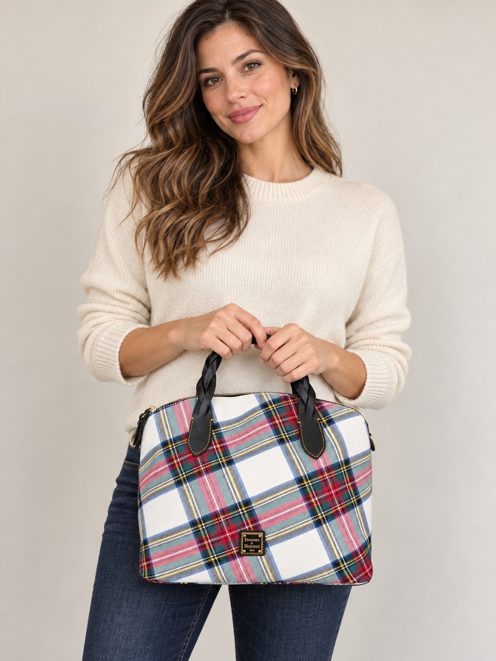 Dooney & Bourke Tartan Plaid Satchel Plaid Tote in White & Red Like New